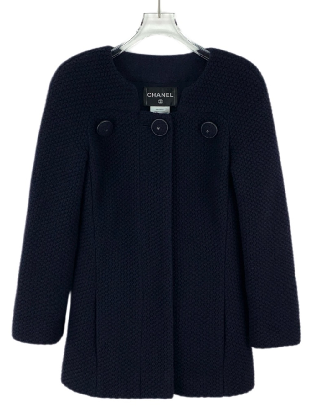 Chanel Navy Blue Wool Three-Button Round-Neck Long-Sleeve Knit Jacket